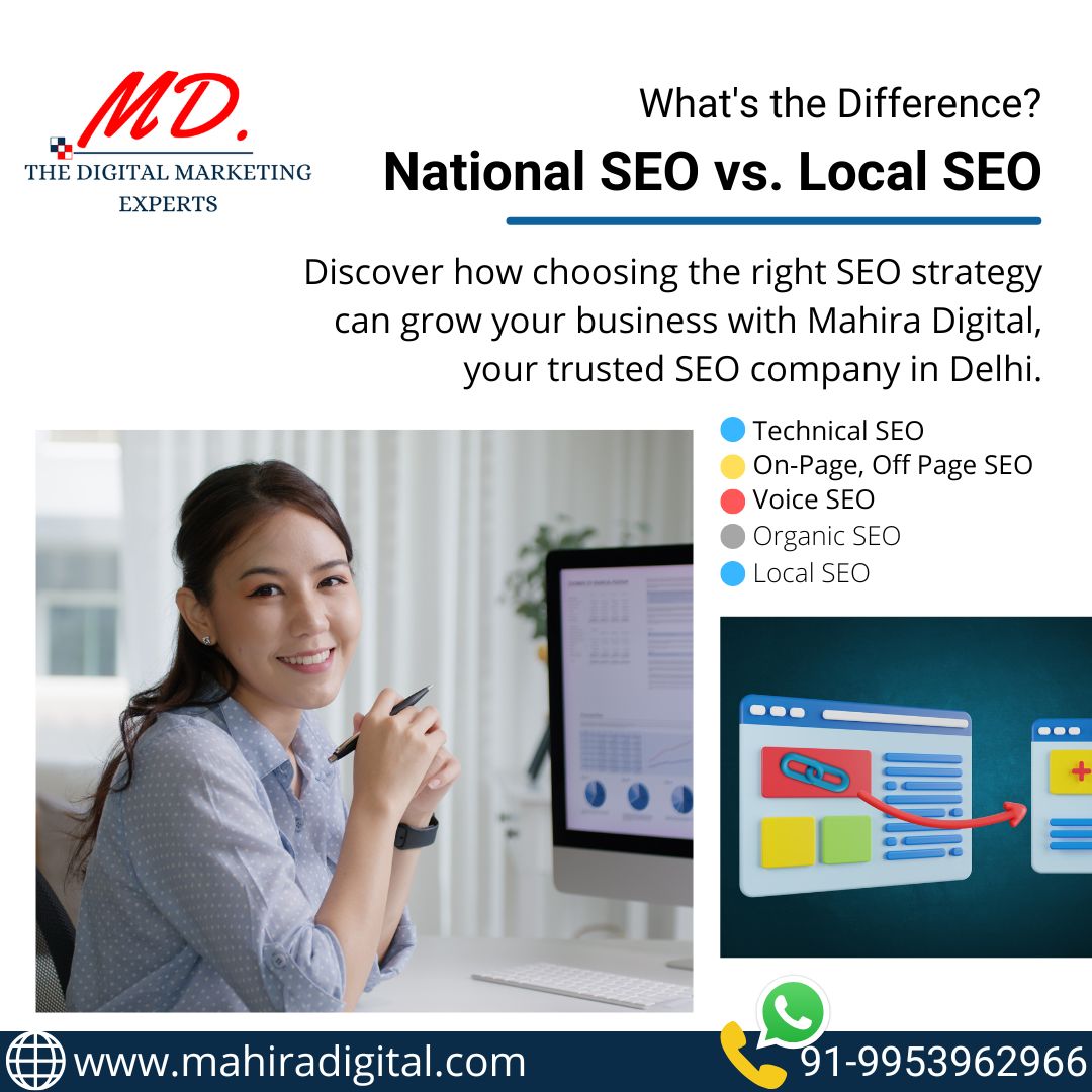 National SEO vs. Local SEO explained by Mahira Digital, a top SEO company in Delhi.